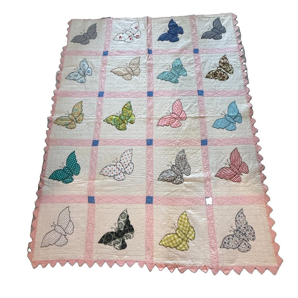 Vintage Hand Quilted Butterfly Applique Quilt Prairie Point Border Pink 65x81
